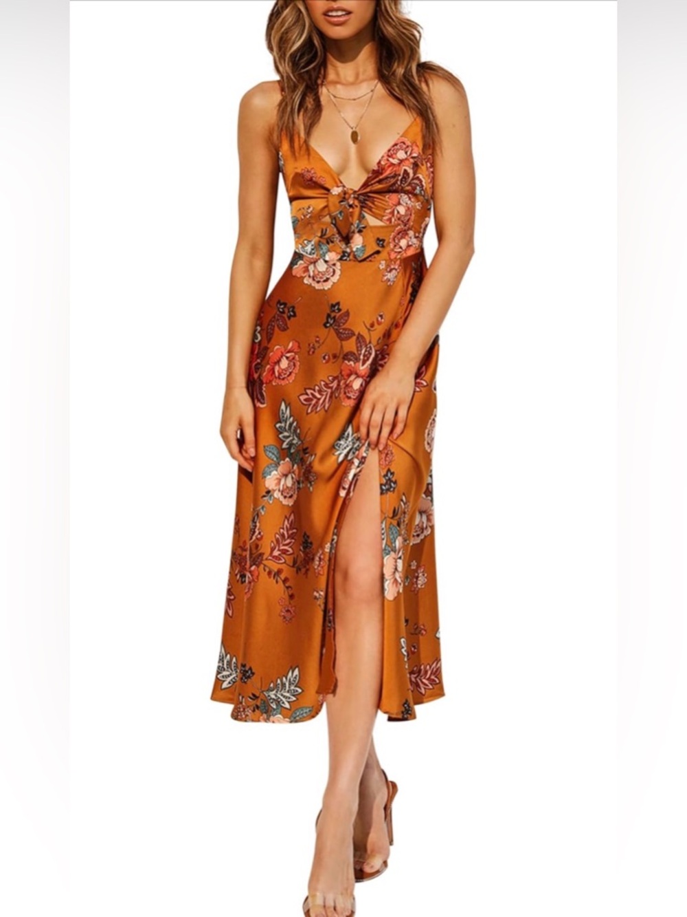 Orange Rust Satin Floral Twist Front Spaghetti Strap Midi Dress